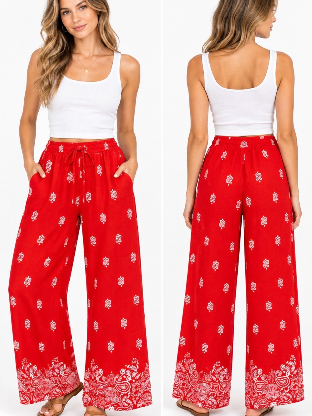 Cali 1850 NWT Red White Bandana Paisley Wide Leg Pants Size L